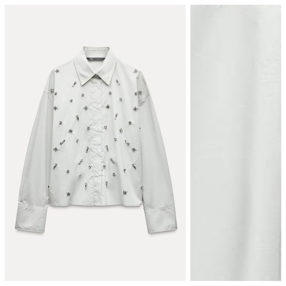 Zara Tops - NWT. Zara Light Gray Poplin Jewel Shirt. Size XL.